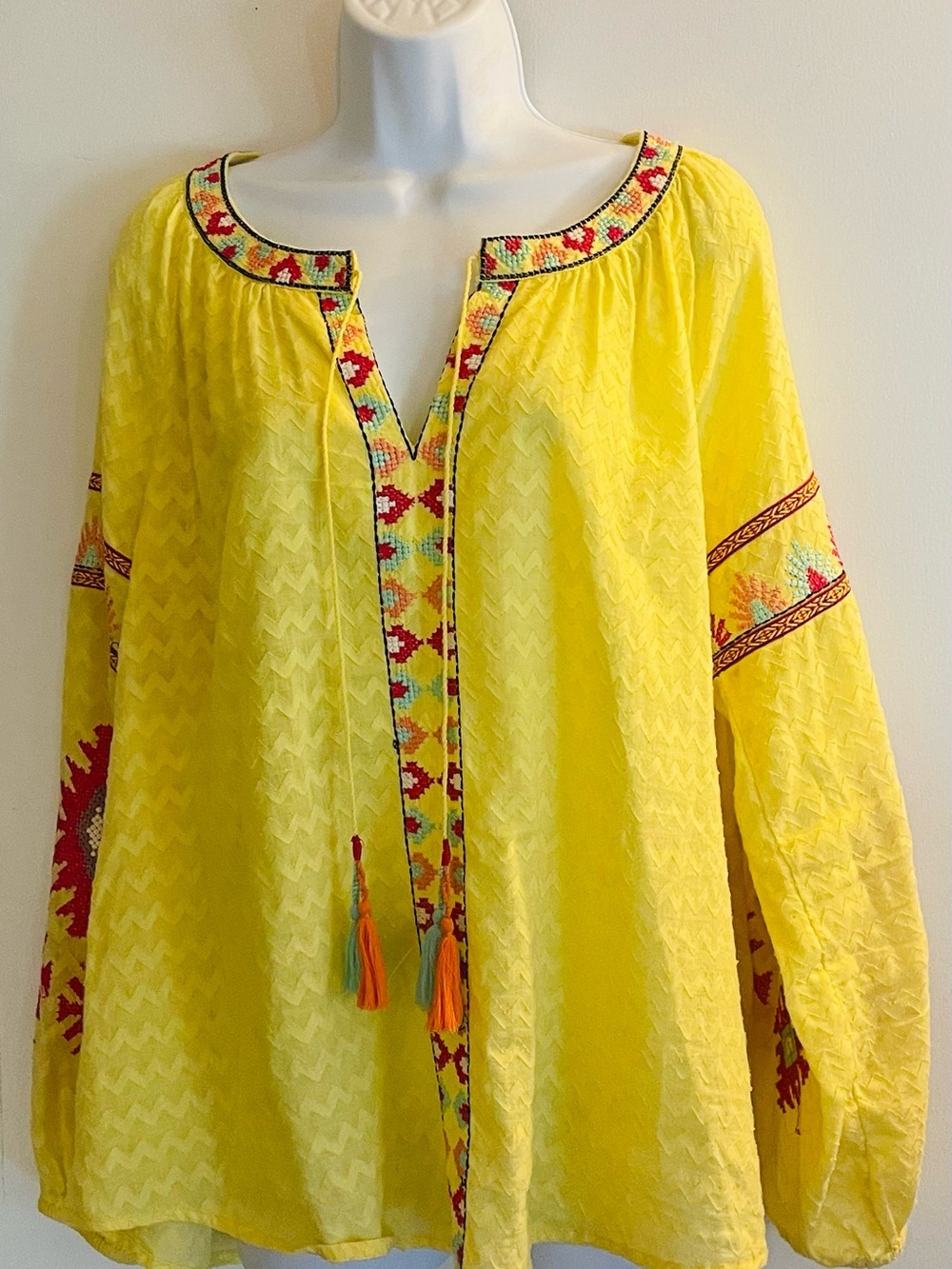 Soft Surroundings Bright Yellow Embroidered Peasant Tunic